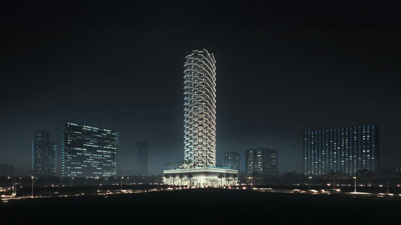 Official project visualisation of Binghatti Royale illuminated at night in Jumeirah Village Circle