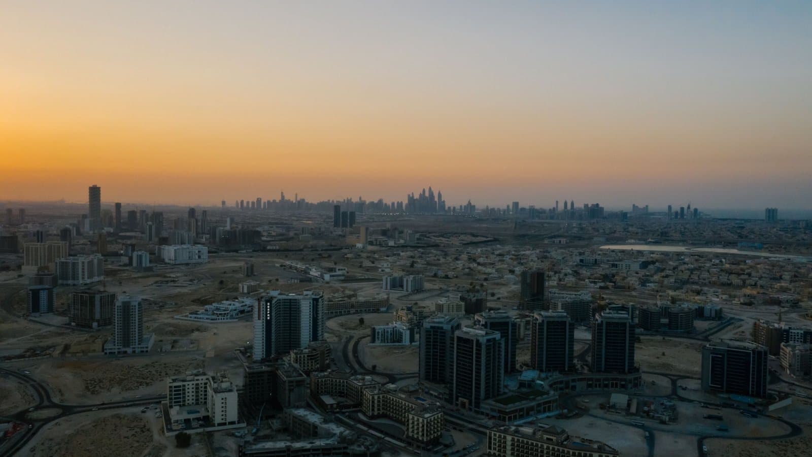 Aerial view of a Dubai residential district at dawn