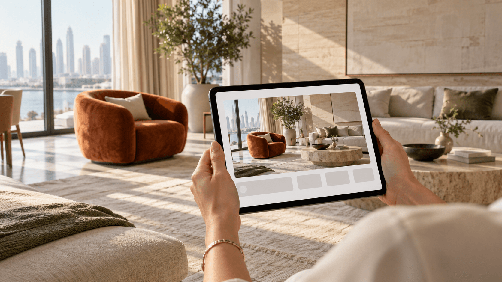 An owner holds a tablet showing an illustrative advert for the same sunlit living room around them